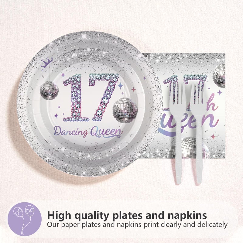 Grencian 96 Pcs Dancing Queen 17th Birthday Party Supplies Dancing Queen 17th Paper Plates and Napkins Disposable Silver Disco Party Tableware Set for Girls 17 Year Old Birthday Decorations Serves 24 - Image 3